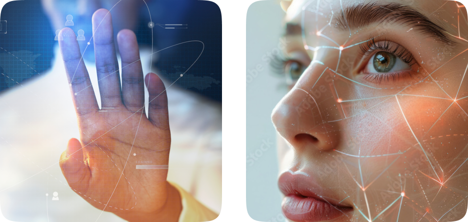 fotos de uma palma da mão e de um rosto, ambos sendo scaneados